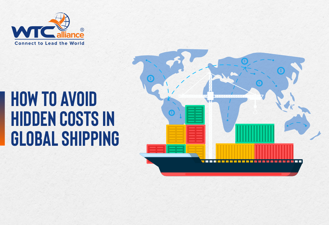 Illustration of global shipping with a cargo ship, stacked containers, and a world map with shipping routes.